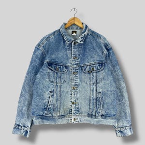 Vintage 90&#39;s LEE RIDERS Trucker Jacket Xlarge Union Made Denim Distressed Stoned Washed Jacket Lee Sanforized Denim Jacket Buttons Size XL