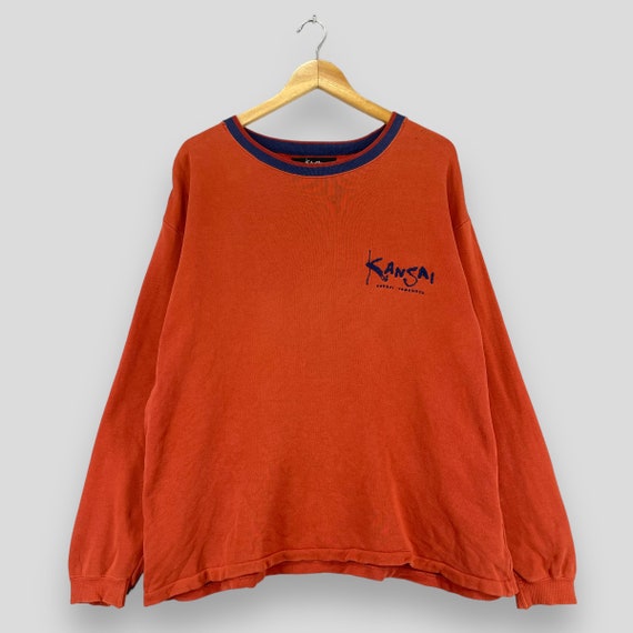 Kansai Yamamoto, Vintage 1990s KANSAI YAMAMOTO Sweatshirt Crewneck Sweatshirt Large Designer Kansai Japan Spellout Kansai Man Orange Pullover Sweater Size L