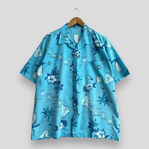 Vintage 1990s Kauai Hawaii Beach Rayon Shirt Xlarge Hawaiian Aloha Tropical Beach Sailing Coconut Tree Hibiscus Flower Button Up Size XL