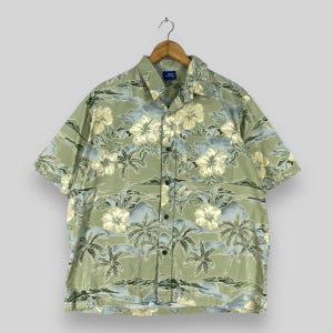 Vintage Aloha Floral Hawaii Shirt Large Y2K Hawaiian Coconut Tree Hibiscus Flower Motive Tiki Honolulu Hawaii Beach Party Button Up Size L