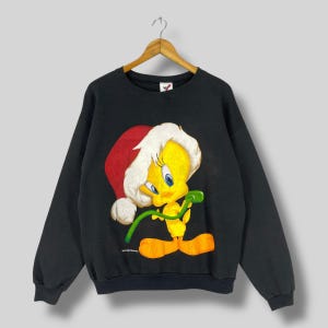Sudadera vintage TWEETY de los años 90 con cuello redondo, talla mediana, con dibujos animados de Warner Bros, Tweety, celebración navideña, Tweety, suéter negro, talla M