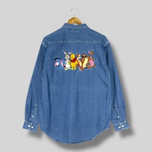 WINNIE THE POOH Family Denim Shirt Small Vintage 90's Walt Disney Cartoons Embroidery Streetwear Disney Blue Jeans Button Up Shirt Size S