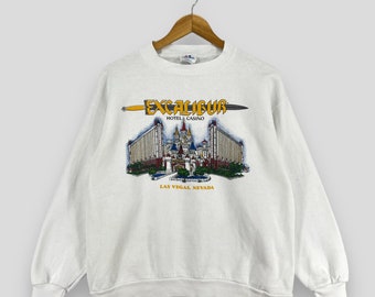 Vintage EXCALIBUR Sweatshirt Crewneck Medium 90's Excalibur Hotel and Casino Printed Sportswear Pullover Sweater White Unisex Size M