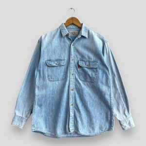 LEVIS STRAUSS Denim Workers Shirt Medium Vintage 90&#39;s Levis Orange Tab Distressed Light Washed Denim Lady Levis Button Up Jeans Shirt Size M