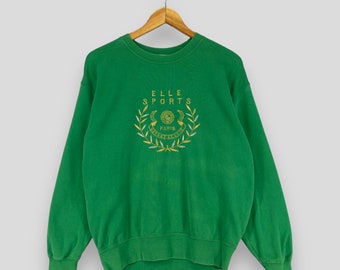 Vintage 1990s ELLE SPORTS Crewneck Sweatshirt Women Medium Elle Paris Spellout Embroidery Elle Homme Pullover Teen Green Sweater Size M