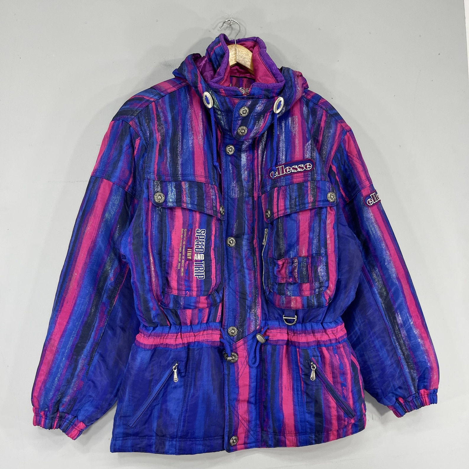 Vintage 90s Ellesse Cream Purple Blue Pattern Ski Jacket S M