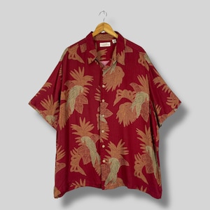 CARRIBEAN Hawaii Rayon Shirt Oversized Vintage Y2K Hawaiian Palm Fronds Parrot Bird Motive Printed Aloha Wear Button Up Red Shirt Size 2XL