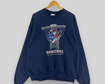 Vintage Basketball Sweatshirt Crewneck Large Y2K Basketball An American Tradition Printed Sportswear Navy Blue Pullover Sweater Size L