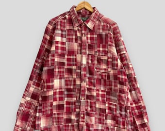 Vintage EDDIE BAUER Patchwork Flanel Shirt Xlarge Geruite Rode Tartan Rebuild Shirt Gereconstrueerd Boro Flanel Buttondown Shirt Maat XL