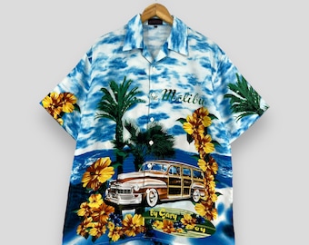 Vintage 1990s Aloha Tropical Floral Polyester Hawaii Shirt Large Hawaiian Classic Car Malibu Beach Sunwear Buttondown Aloha Shirt Size XL