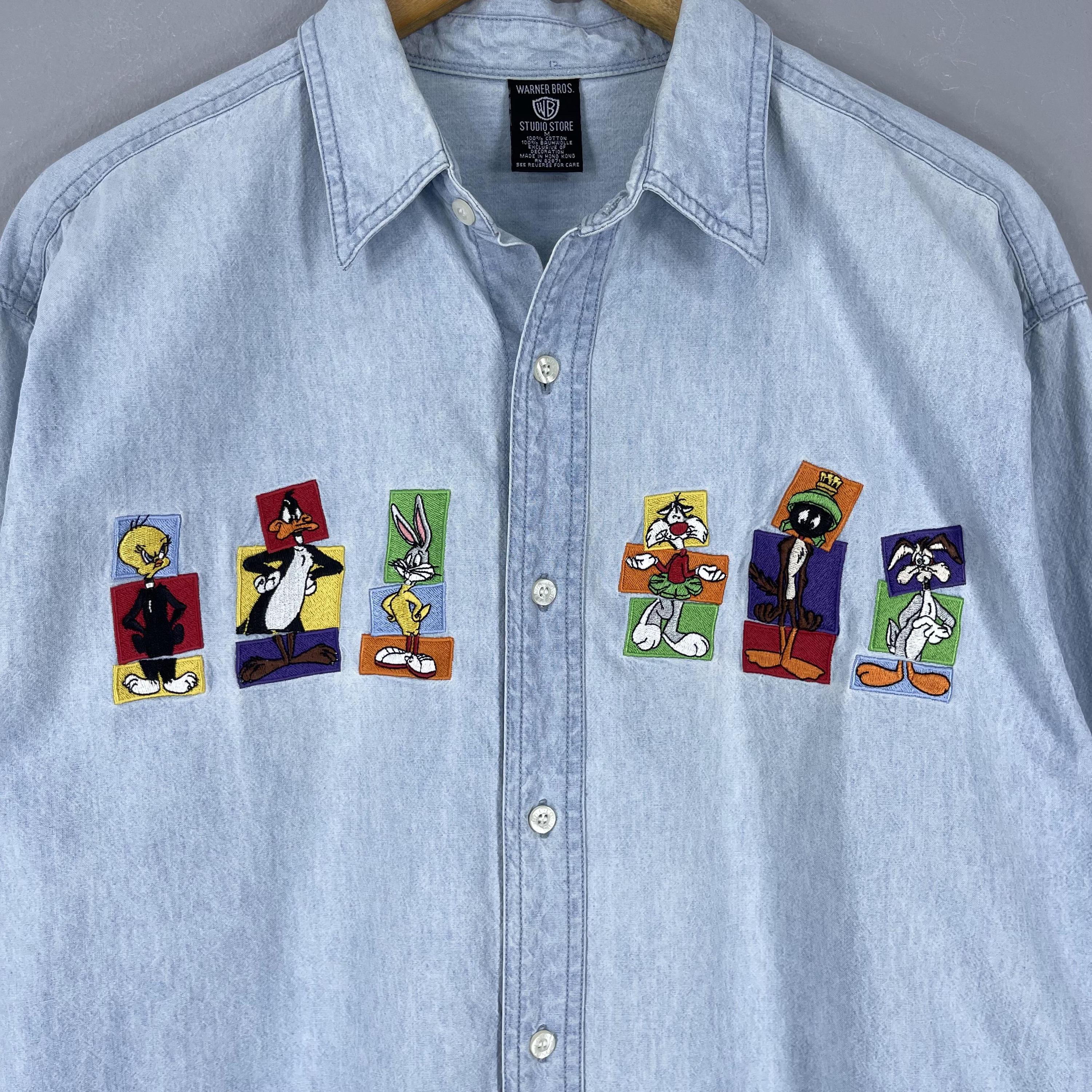 Vintage 1990s WARNER BROS Denim Shirt Medium Looney Tunes Cartoons 