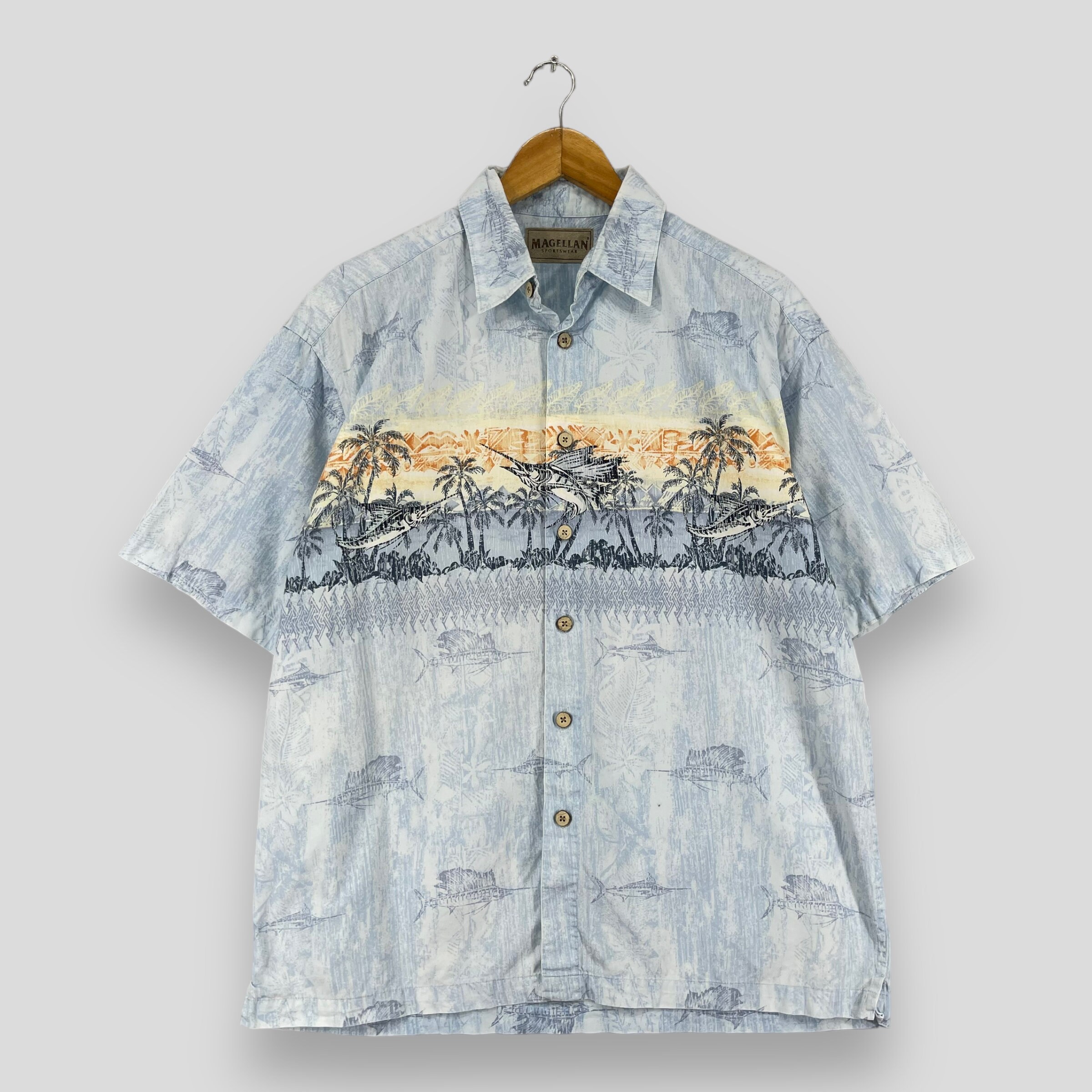 MAGELLAN Sportswear Hawaii Shirt Medium Vintage 90 s Abstract Sword Fish Sunwear Beach Coconut Tree Buttondown Hawaii Cotton Shirt Size M Etsy UK