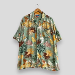 PURITAN Hawaii Floral Rayon Shirt Large Vintage Y2K Hawaiian Beach Flower Leaves Waikiki Tiki Beach Party Sunwear Button Up Shirt Size L