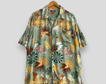 PURITAN Hawaii Floral Rayon Shirt Large Vintage Y2K Hawaiian Beach Flower Leaves Waikiki Tiki Beach Party Sunwear Button Up Shirt Size L