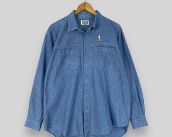 Camisa jeans vintage CHEROKEE dos anos 1990, camisa com botões, grande, estilo Cherokee, bordado nativo americano, estilo trabalhador, camisa jeans azul, tamanho L