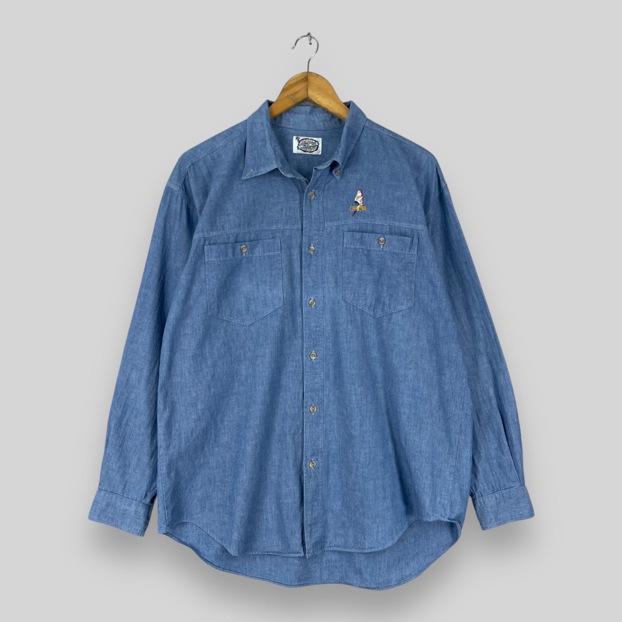 cherokee dress shirts Vintage 1990s CHEROKEE Denim Shirt Button up Shirt Large Cherokee American  Native Embroidery Workers Style Blue Denim Western Shirt Size L