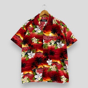 Vintage 90&#39;s FAVANT Hawaii Shirt Xlarge Hawaiian Aloha Beach Tropical Floral Hibiscus Flower Coconut Tree Beachwear Shirt Buttondown Size XL