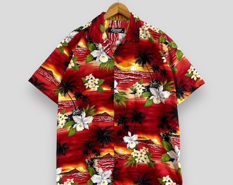 Vintage 90's FAVANT Hawaii Shirt Xlarge Hawaiian Aloha Beach Tropical Floral Hibiscus Flower Coconut Tree Beachwear Shirt Buttondown Size XL