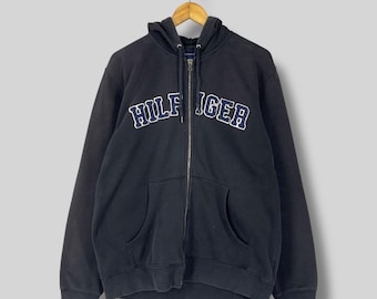 Vintage Y2K TOMMY HILFIGER Zip Up Hoodie Große Tommy Hilfiger Spellout Stickerei Logo Streetwear Tommy Jeans Sun Faded Schwarzer Hoodie Größe L