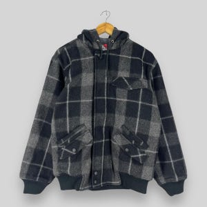 Vintage Y2K BEN DAVIS Wool Jacket Medium Plaid Checkered Tartan Black/Gray Puffer Winter Cold Weather Jacket Ben Davis Heavy Jacket Size M