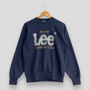 Vintage 1990s LEE Crewneck Sweatshirt Medium Lee Spell Out Big Logo Union Made Casual Wear Lee Kansas Usa Pullover Navy Blue Sweater Size M