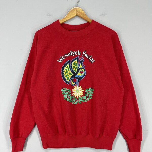 vintage 90's Wesolych Swiat Crewneck Sweatshirt Medium Happy Merry Christmas Celebration Printed Sweater Jumper Red Pullover Taille M