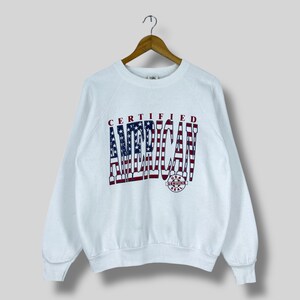 Vintage 1990s AMERICAN Crewneck Sweatshirt Medium Certified American Usa Genuine Seal Spellout Printed White Pullover Sweater Size M