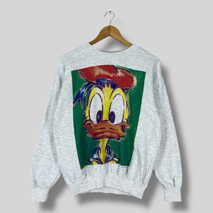 Vintage 90er Jahre DONALD DUCK Rundhals-Sweatshirt Kleine Walt Disney Cartoon Donald Duck Grafik Gedruckt Donald Duck Grauer Pullover Pullover Größe S
