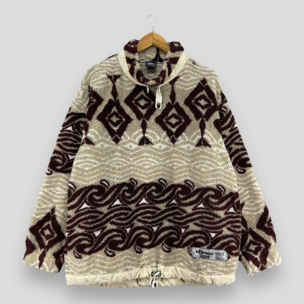 Vintage ELLESSE Sherpa Fleece Jacket Large Ellesse Italia Abstract Native Tattoo Style Cold Weather Jacket Ellesse Pullover Jacket Size L
