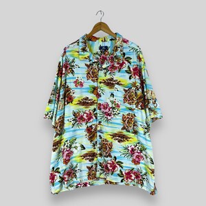 Vintage Y2K GEORGE Hawaii Rayon Shirt Oversized Hawaiian Island Beach Party Aloha Hibiscus Floral Hula Girl Motive Button Up Shirt Size 3XL
