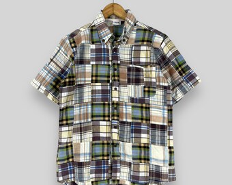 Vintage Plaid Tartan Flannel Small Y2K Damier Patchwork Multicolor Rebuild Flannel Reconstruct Buttondown Casual Oxford Shirt Taille S