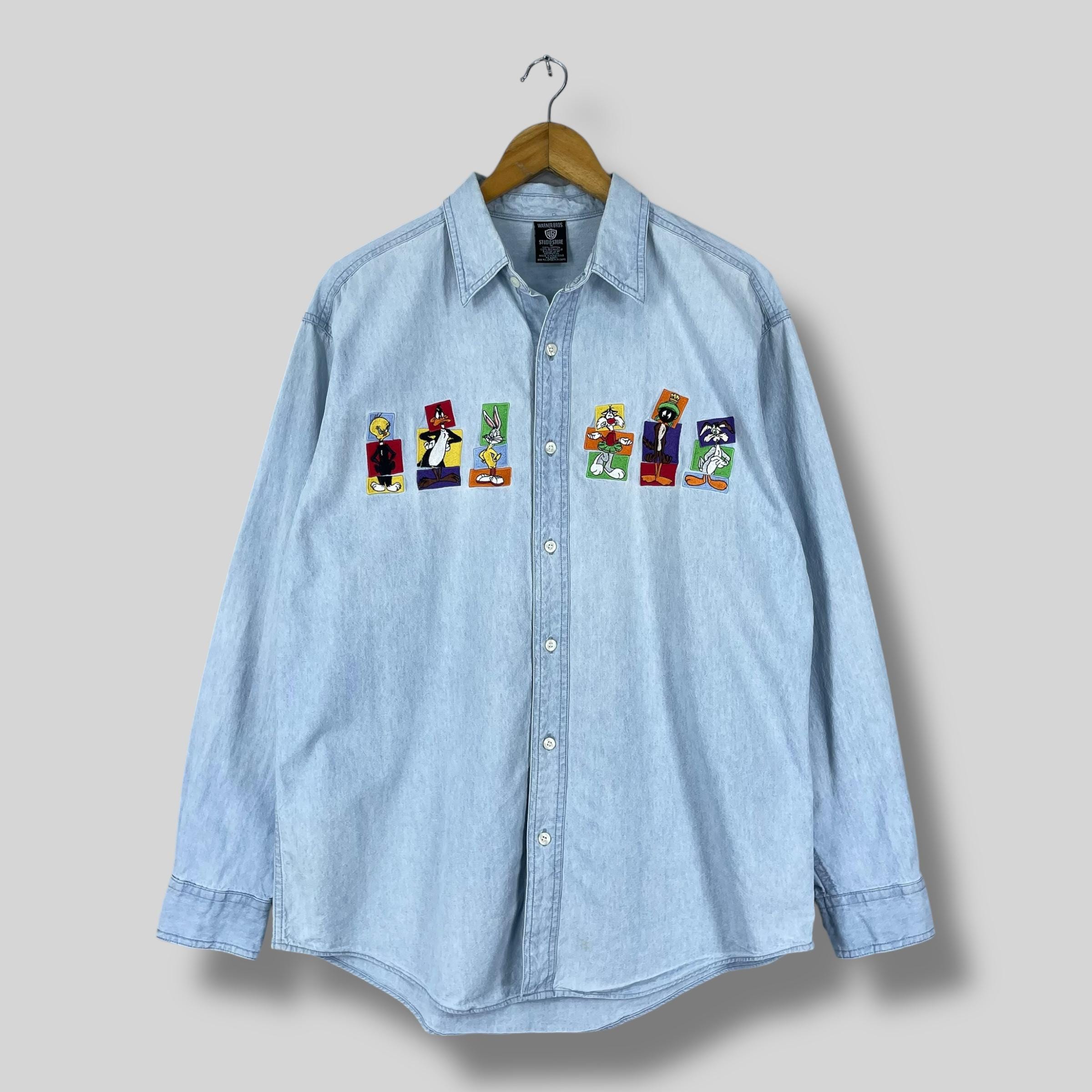 Vintage 1990s WARNER BROS Denim Shirt Medium Looney Tunes Cartoons 