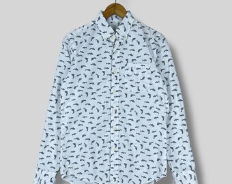 Vintage AMERICAN EAGLE Hawaii Hemd Xsmall Y2K The White Shark Muster über bedruckte lange Ärmel Button Up Casual Wear Oxford Hemd Größe XS