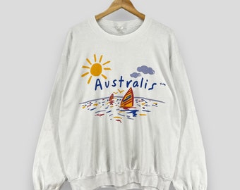 Vintage 1990s AUSTRALIS Crewneck Sweatshirt Large Pop Art Artist Yacht Sailing Beach Australia Artwork Printed White Sweater Pullover Size L