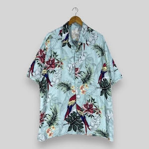 Vintage Y2K HAWAIIAN Aloha Floral Shirt Oversized Hawaiian Tropical Beach Guam Parrot Motive Beach Party Rayon Button Up Shirt Size XXL