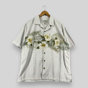 Vintage Y2K ISLAND SHORE Beach Hawaii Silk Shirt Xlarge Hawaiian Tropical Floral Hibiscus Flower Motive Beachwear Button Up Shirt Size XL
