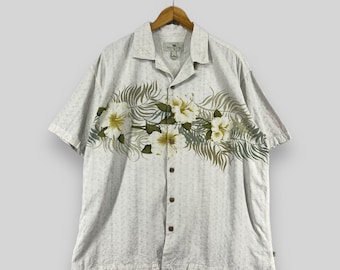 Vintage Y2K ISLAND SHORE Beach Hawaii Silk Shirt Xlarge Hawaiian Tropical Floral Hibiscus Flower Motive Beachwear Button Up Shirt Size XL