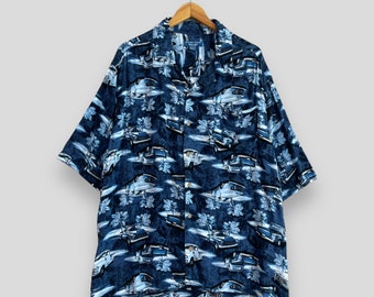 Vintage PURITAN Hawaii Rayon Shirt Oversized Y2K Hawaiian Abstract Classic Car Guam Beach Coconut Tree Hawaii Beachwear Button Up Size 2XL