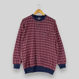 Vintage 1990s ELLESSE Pullover Sweatshirt Medium Perugia Italia Plaid Checkered Board Red Casual Ellesse Buttons Pullover Sweater Size M