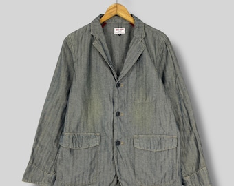 Vintage 1990s MAC KEEN Denim Jacket Medium Workwear Pinstripe Denim Embroidery Button Up Distressed Jeans Casual Workers Jacket Size M
