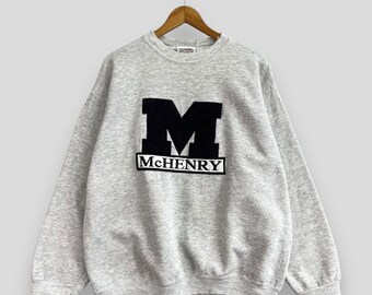 Vintage 90's McHENRY Crewneck  Sweatshirt Large McHenry County Spellout Embroidery Logo Mchenry Illinois Gray Distressed Sweater Size L