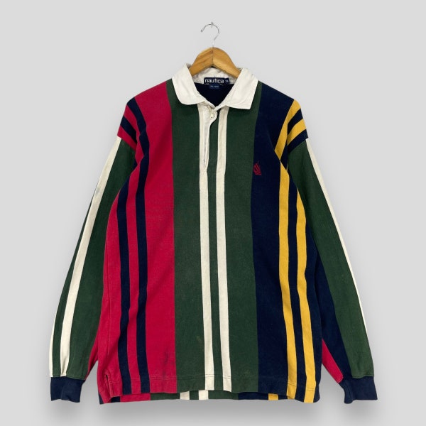 Vintage 90's NAUTICA Polo Rugby Shirt Medium Nautica Sailing Gear Multicolor Stripes Streetwear Nautica Half Zipper Polos Shirt Size M
