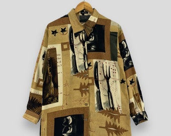 Vintage DUPRE barokke blouse shirt medium jaren 1990 ontwerper popart psychobilly artwork Yohji avant-garde polyester buttondown shirt maat M