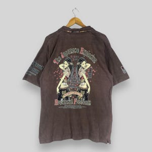 Vintage Y2K Sukajan Japan Tshirt Large Japanese Sukajan Sexy Women Geisha Traditional Tattoo Printed Polo Button Up Brown Tshirt Polo Size L