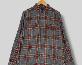 Vintage GEORGE Checkered Flannel Shirt Large Plaid Tartan Gray/Red/Green Double Pocket Casual Streetwear Button Up Boyfriend Shirt Size L
