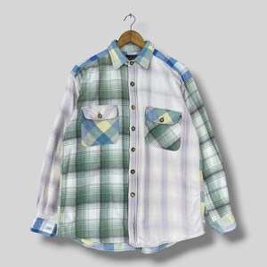 Camicia in flanella patchwork KEARNEY HOUSE, taglia M, vintage anni '90, fantasia a quadri multicolore, streetwear, modello rebuild, con bottoni.