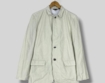 Vintage 1990s DKNY Donna Karan New York Striped Cotton Blazer Jacket Cream Beige White Contrast Stitch Casual Sport Coat Aesthetic Size S