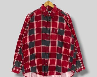 Vintage Beverly Hills Polo Club Corduroy Checkered Shirt Large 1990s BHPC Plaid Red/Black Streetwear Button Down Long Sleeve Flannel Size L