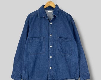 Vintage jaren 90 GU-denim oversized shirt grote Japanse denim werkkleding stijl dubbele zak donker gewassen blauwe denim jeans shirt button-up maat L