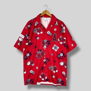 Vintage 90s Los Angeles ANGELS Mlb Hawaii Shirt Large Hawaiian Hibiscus Floral Angles Baseball Team Printed Button Up Polyester Shirt Size L